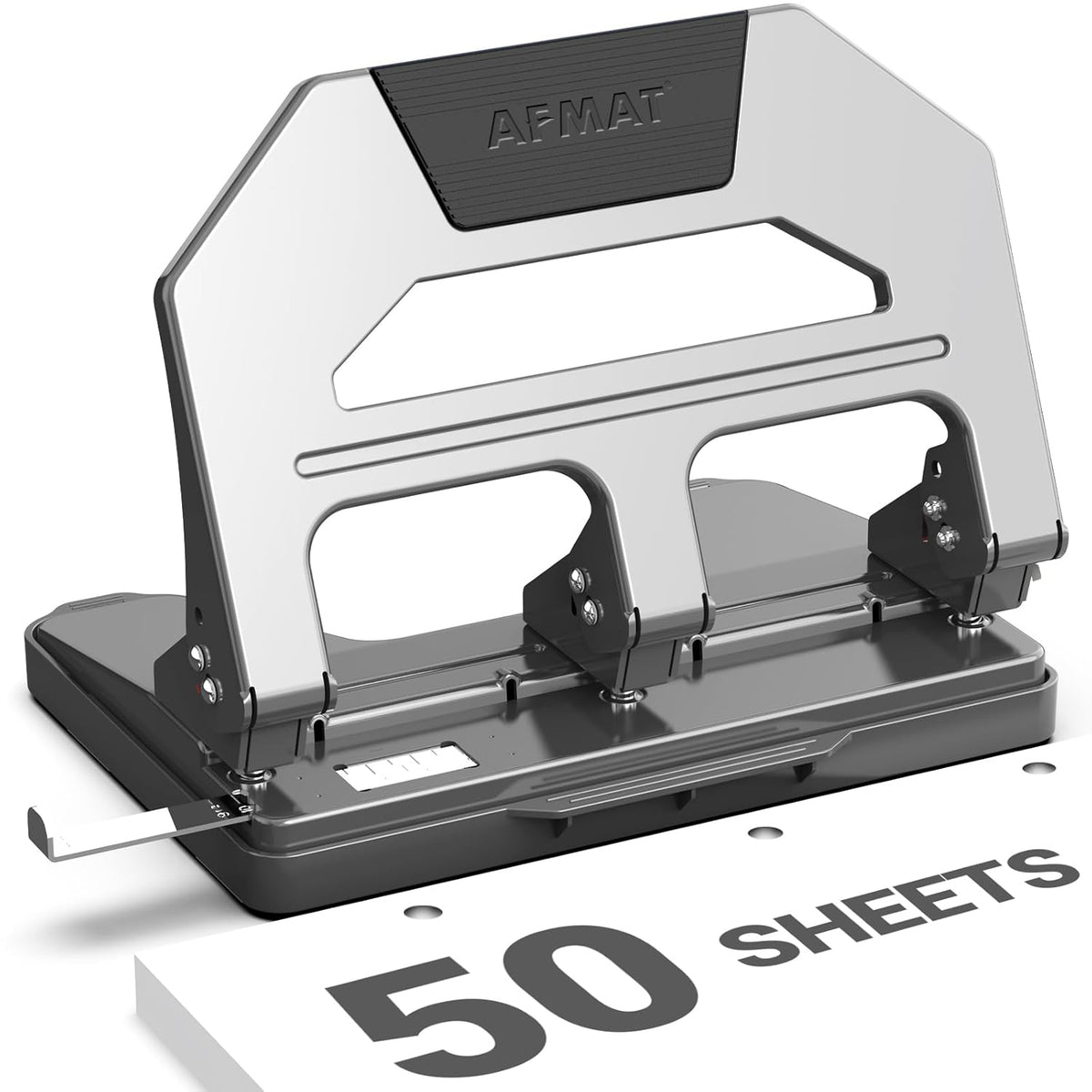 AFMAT Heavy Duty 3 Hole Puncher, 50-Sheet Paper Punch Heavy Duty, 50% Reduced Effort Three Hole Punch, 10K+ Uses, Metal Hole Puncher 3 Ring w/Large Tray, Bulit-in S.S. Paper Guide HPX4GY