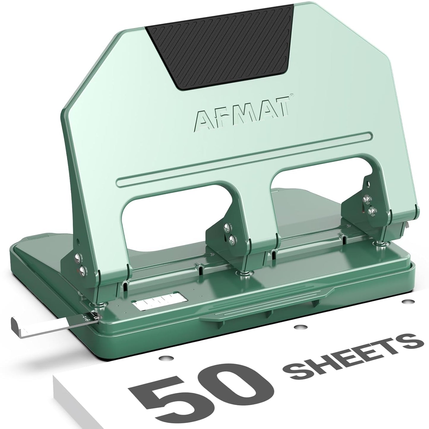 AFMAT 3 Hole Punch Heavy Duty, 9/32" Hole Diameter, 50-Sheet 3 Hole Puncher for Binder, 50% Reduced Effort, Metal Three Hole Punch w/ 10,000+ Uses, Bulit-in S.S. Paper Guide, Large Chip Tray, HPX5GN