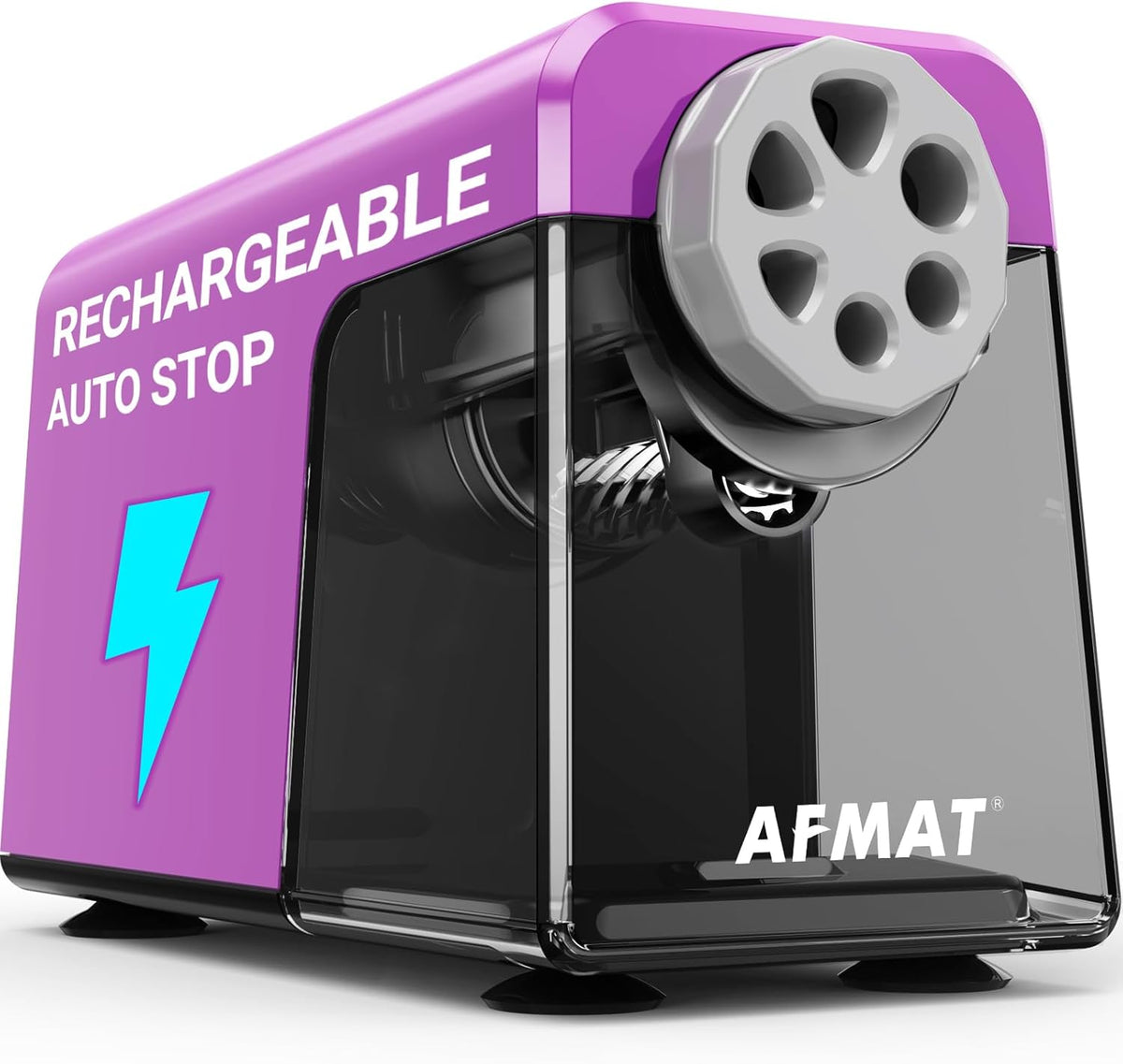 AFMAT Elektrischer Bleistiftspitzer mit 6 Löchern, robust, Auto-Stopp-Bleistiftspitzer für das Klassenzimmer für 6–11 mm Bleistifte, wiederaufladbarer Bleistiftspitzer für die Schule, über 10.000 Anspitzungen, spart Bleistifte, Modell: PSD1 (lila)