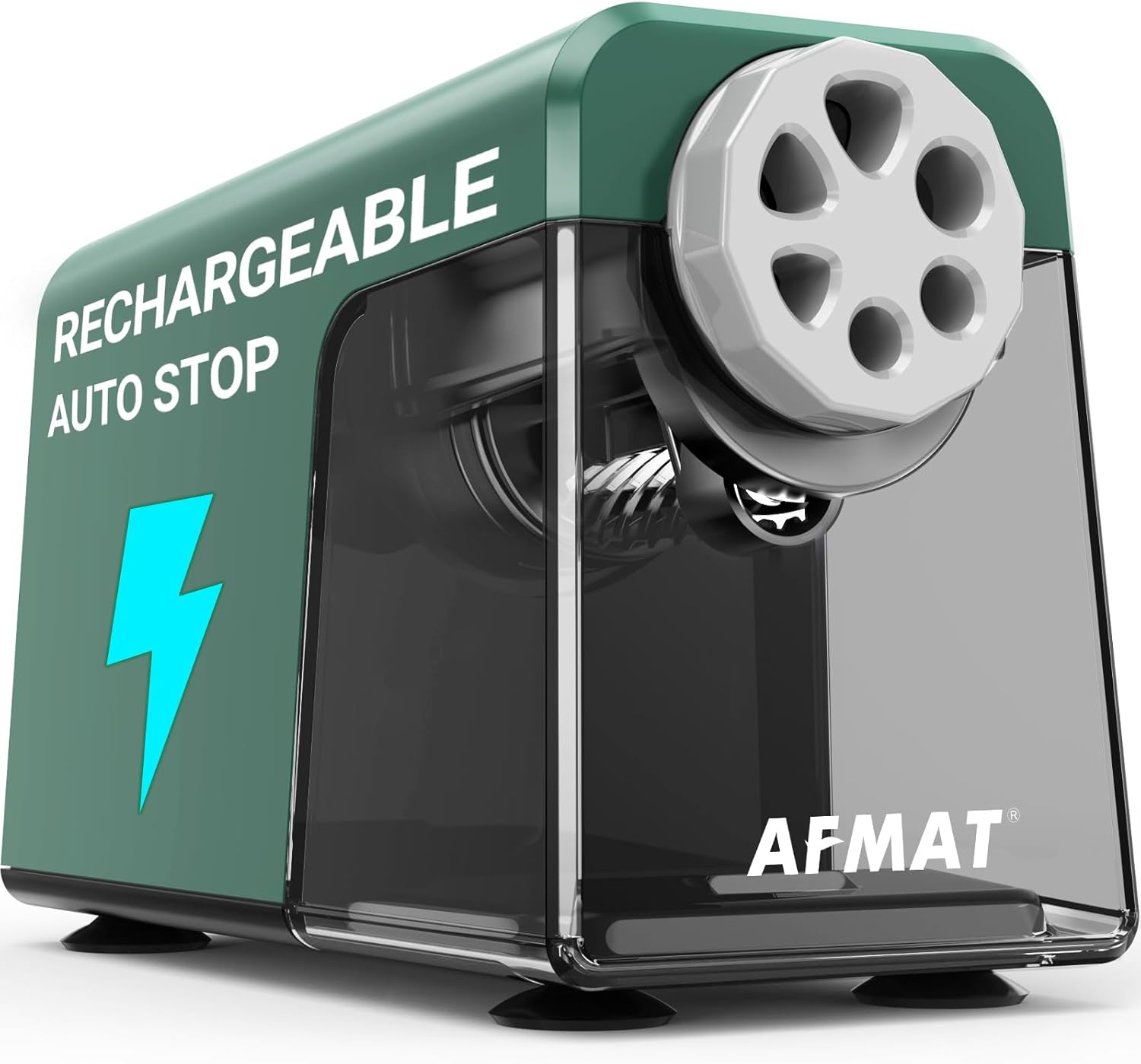 AFMAT Elektrischer Bleistiftspitzer mit 6 Löchern, robust, Auto-Stopp-Bleistiftspitzer für das Klassenzimmer für 6–11 mm Bleistifte, wiederaufladbarer Bleistiftspitzer für die Schule, über 10.000 Anspitzungen, spart Bleistifte, Modell: PSD1 (grün)