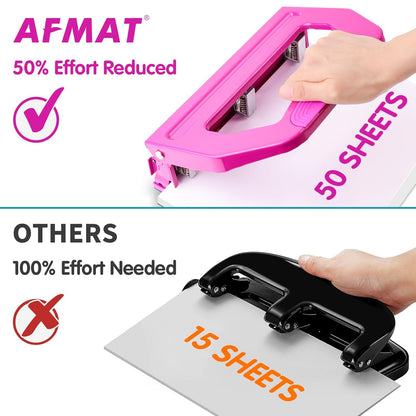 AFMAT HP18 Heavy Duty 3 Hole Punch, 50-Sheet, 50% Reduced Effort, Adjustable Two & Three Hole Punch,Black