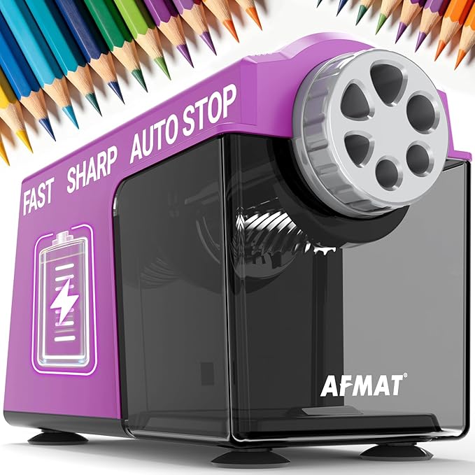 AFMAT Elektrischer Bleistiftspitzer, robust, 6 Löcher, superschnell, Auto-Stopp und Bleistifte sparen, 10.000 Anspitzvorgänge, wiederaufladbarer Bleistiftspitzer für das Klassenzimmer für 6–11 mm Nr. 2/große/Buntstifte, Modell: PSD4 (lila)