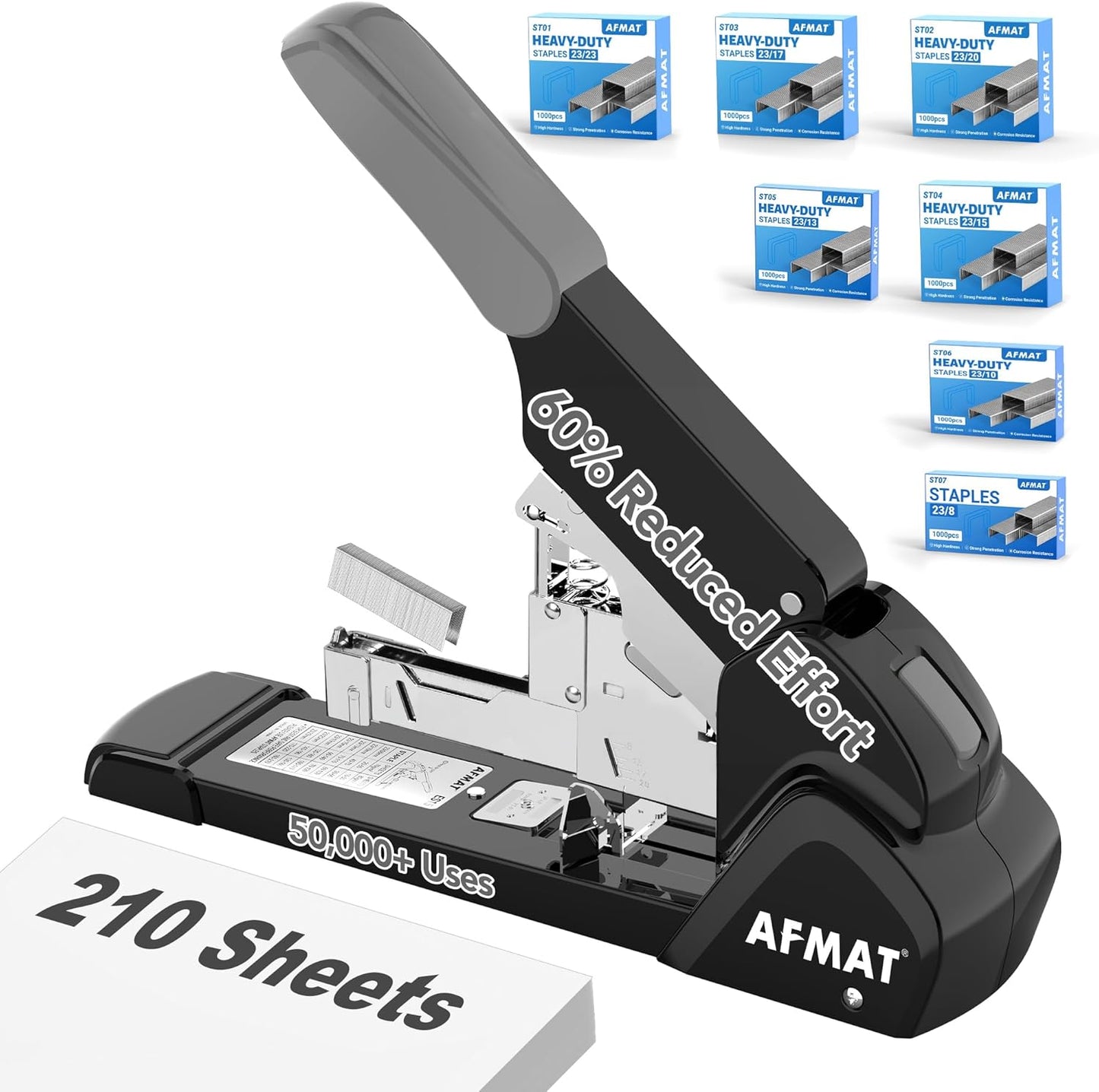 AFMAT Heavy Duty Stapler, 210 Sheet Effortless Stapler for Desk, 60% Reduced Effort, Jam Free, 50,000+ Uses, Adjustable Paper Depth, Metal Office Desktop Staplers, Includes 7000Pcs Staples, ES15GY