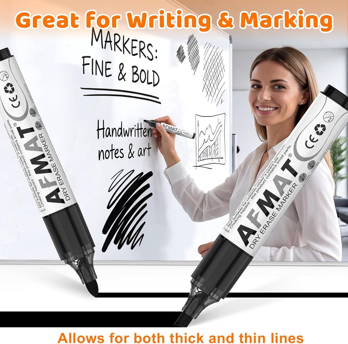 AFMAT Dry Erase Markers, 12-Count Whiteboard Markers, 1,100 Meters Writing Distance, Low Odor White Board Markers for Teacher Office Classroom (6 Bullet Tip + 6 Chisel Tip),DB103
