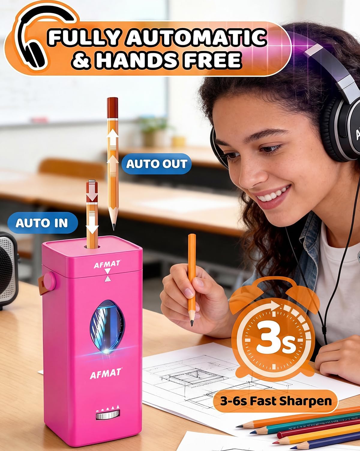 ✅Newest Model With Best Features✅Newly Upgraded Fully Automatic Rechargeable Electric Pencil Sharpener for 6-12mm No.2/Jumbo Pencils, 3X Longer Cutter Life, PSC7RR