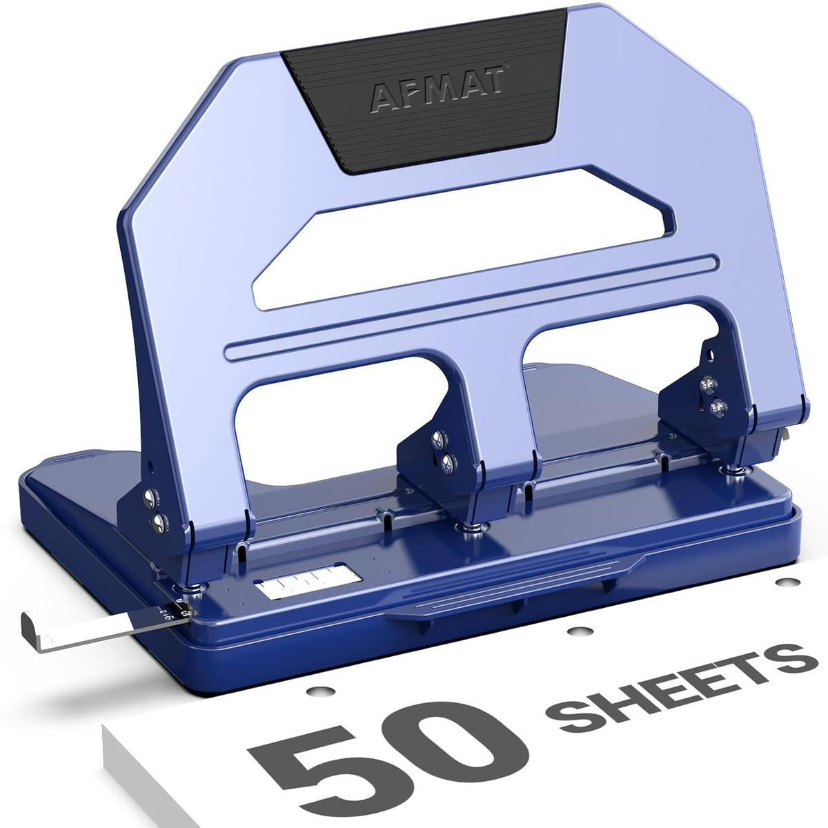AFMAT Heavy Duty 3 Hole Puncher, 50-Sheet Paper Punch Heavy Duty, 50% Reduced Effort Three Hole Punch, 10K+ Uses, Metal Hole Puncher 3 Ring w/Large Tray, Bulit-in S.S. Paper Guide HPX4BL
