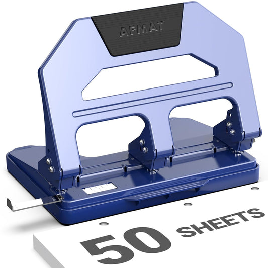 AFMAT Heavy Duty 3 Hole Puncher, 50-Sheet Paper Punch Heavy Duty, 50% Reduced Effort Three Hole Punch, 10K+ Uses, Metal Hole Puncher 3 Ring w/Large Tray, Bulit-in S.S. Paper Guide HPX4BL