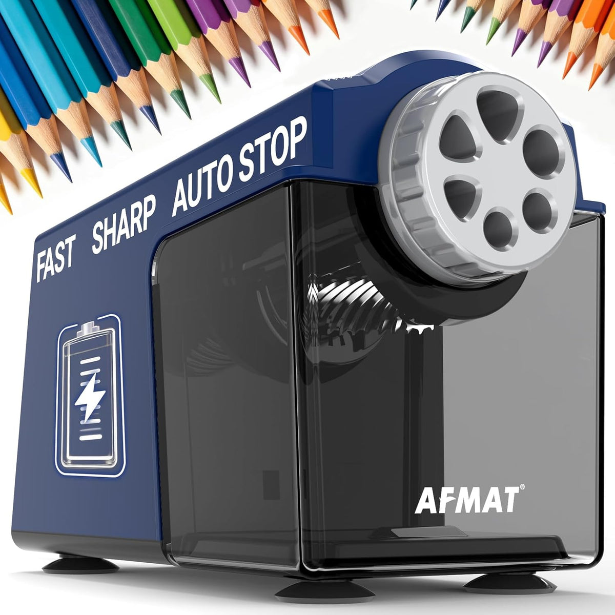 AFMAT Elektrischer Bleistiftspitzer, robust, 6 Löcher, superschnell, Auto-Stopp und Bleistifte sparen, 10.000 Anspitzvorgänge, wiederaufladbarer Bleistiftspitzer für das Klassenzimmer für 6–11 mm Nr. 2/große/Buntstifte, Modell: PSD4 (blau)