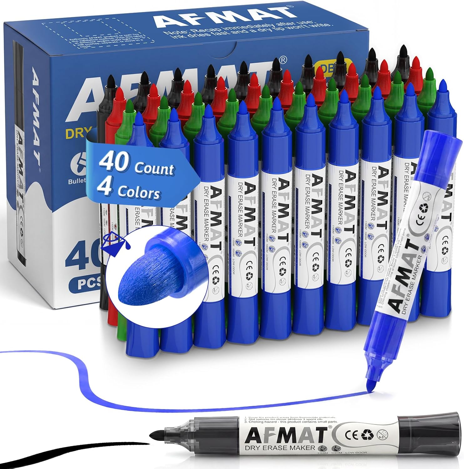 AFMAT 40 Bullet Tip Whiteboard Markers,4 Color DB14Y4