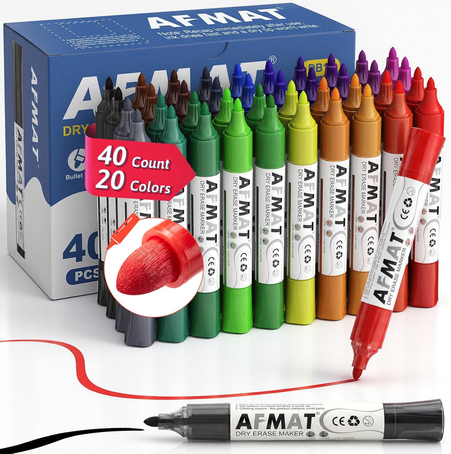 AFMAT 40 Bullet Tip Whiteboard Markers,20 Color DB14Y1