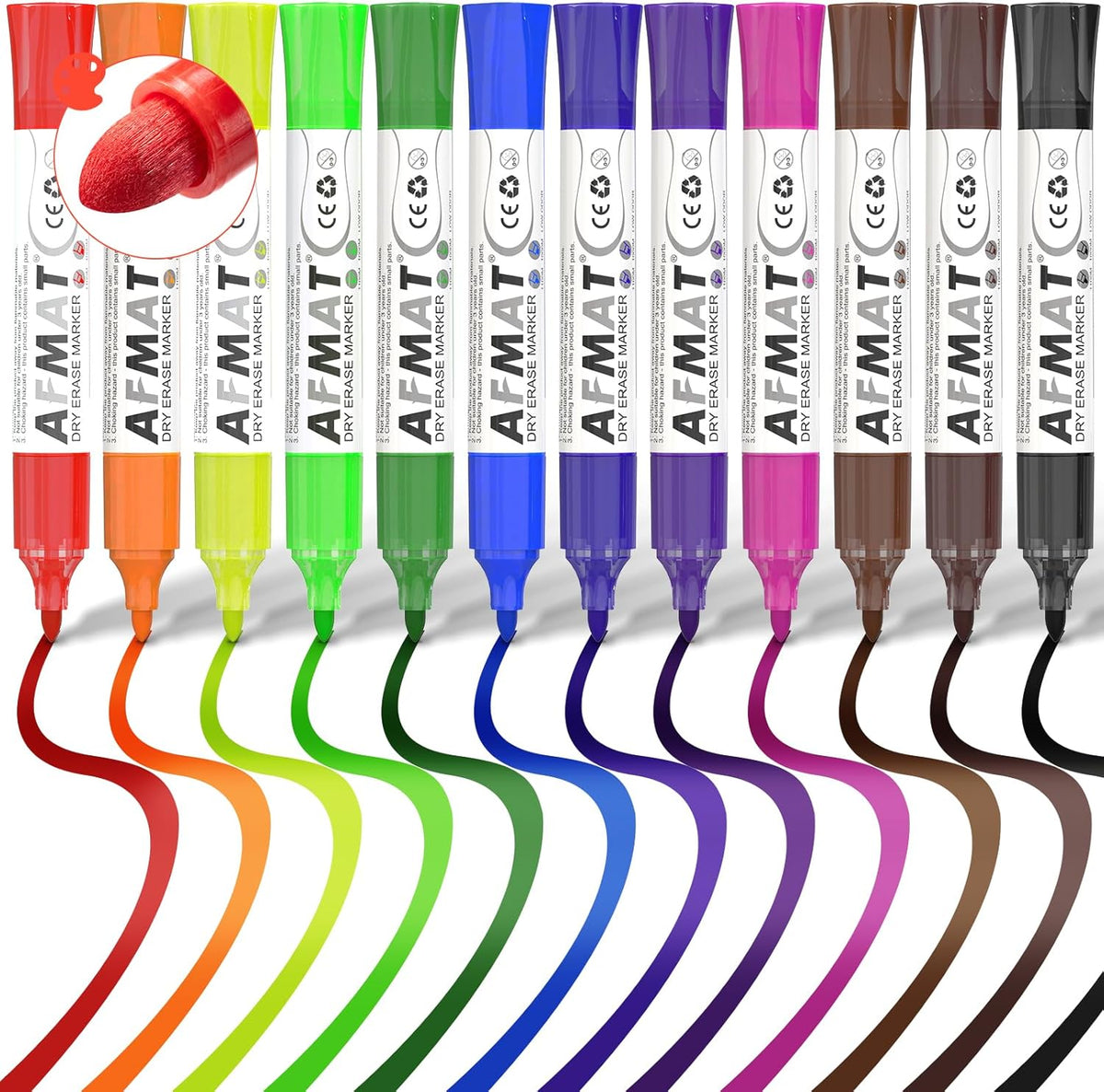AFMAT Dry Erase Markers, 12-Count 12 Colors Whiteboard Markers, Chisel Tip, High-Capacity Liquid Ink for 1,100m Writing Length, w/Visible Ink Level, Low Odor Erasable for Teacher Office Classroom,DB10X1