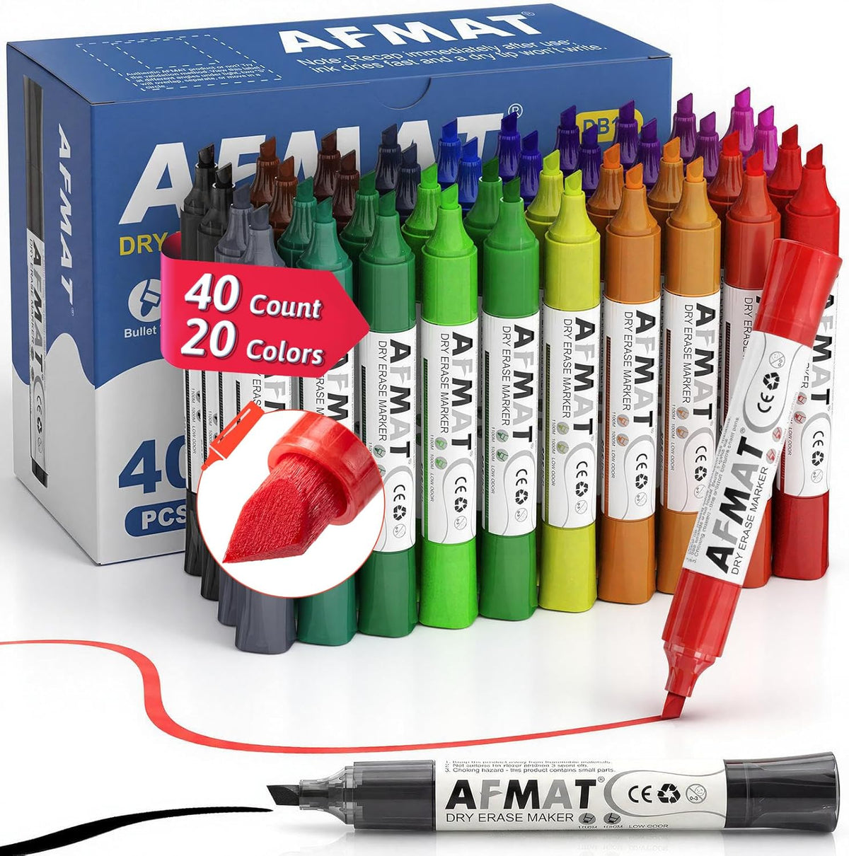 AFMAT 40 Chisel Tip Whiteboard Markers,20 Color DB14X1
