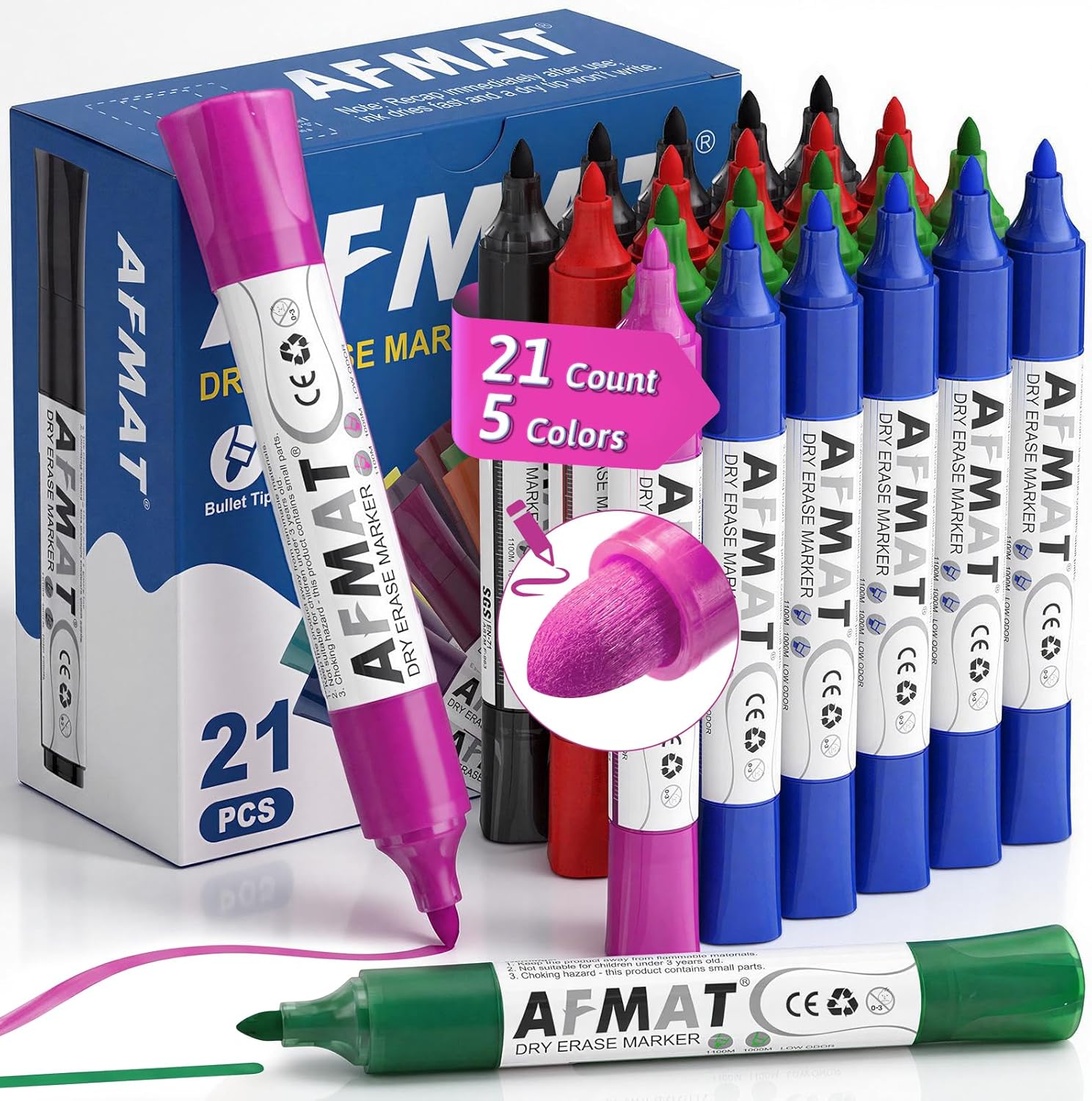 AFMAT 21 Bullet Tip Whiteboard Markers,5 Color DB13Y3