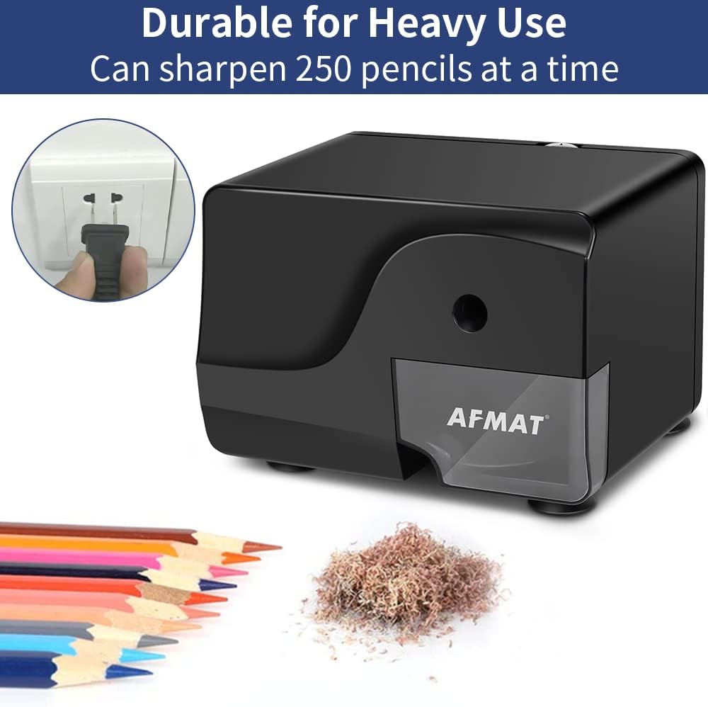 AFMAT PS106 Electric Pencil Sharpener, Heavy Duty Pencil Sharpeners for 6-8mm Colored Pencils, Fast Sharpen, 3 Sharpness Setting, 10,000+ Sharpenings for Classroom/School/Home/Teachers, Black