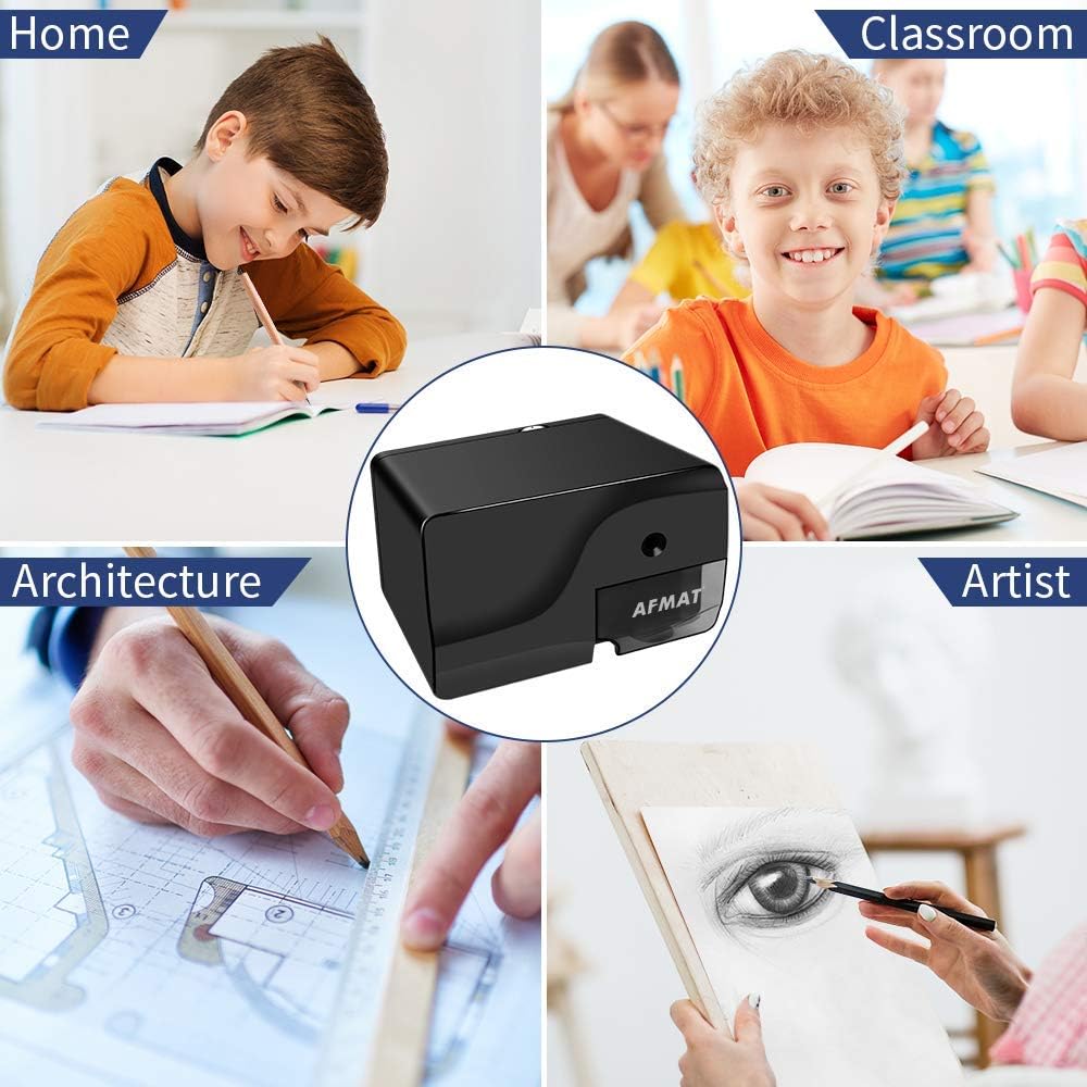 AFMAT PS106 Electric Pencil Sharpener, Heavy Duty Pencil Sharpeners for 6-8mm Colored Pencils, Fast Sharpen, 3 Sharpness Setting, 10,000+ Sharpenings for Classroom/School/Home/Teachers, Black