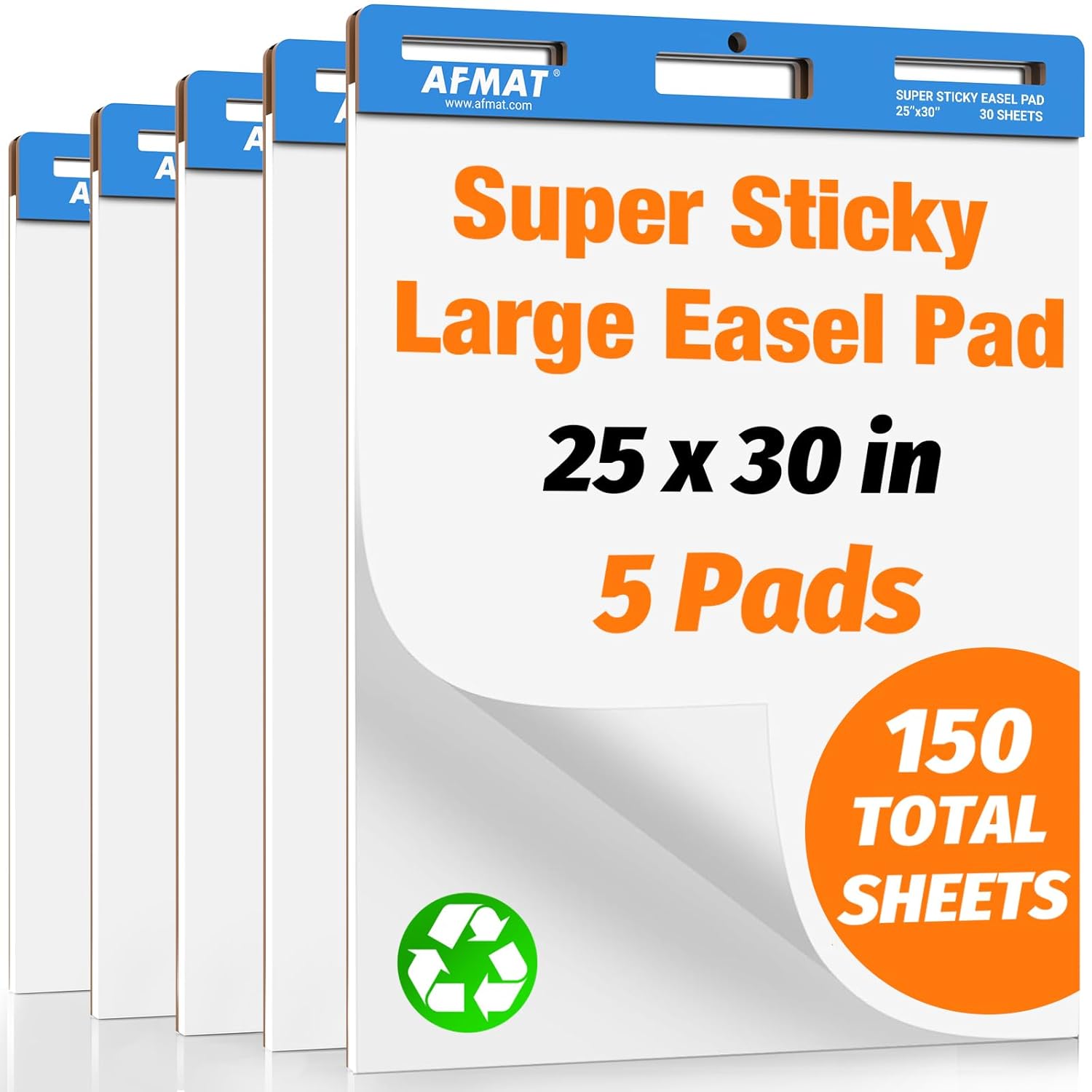 AFMAT Sticky Easel Pads, 25 in x 30 in Flip Chart Paper for Teachers, Super Sticky & Bleed-Resistant, Self-Stick Easel Paper for Office, Classroom, Whiteboard, Wall, Windows, 30 Sheets/Pad, 5 Pads,Model:AFEP35BL
