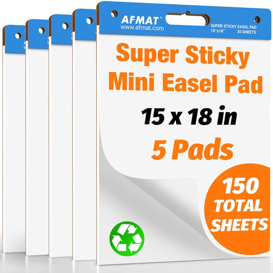 AFMAT Sticky Mini Easel Pads, 15 in x 18 in Flip Chart Paper for Teachers, Super Sticky & Bleed-Resistant, Self-Stick Easel Paper for Office/Classroom/Whiteboard/Wall/Windows, 30 Sheets/Pad, 5 Pads,Model:AFEP15BL