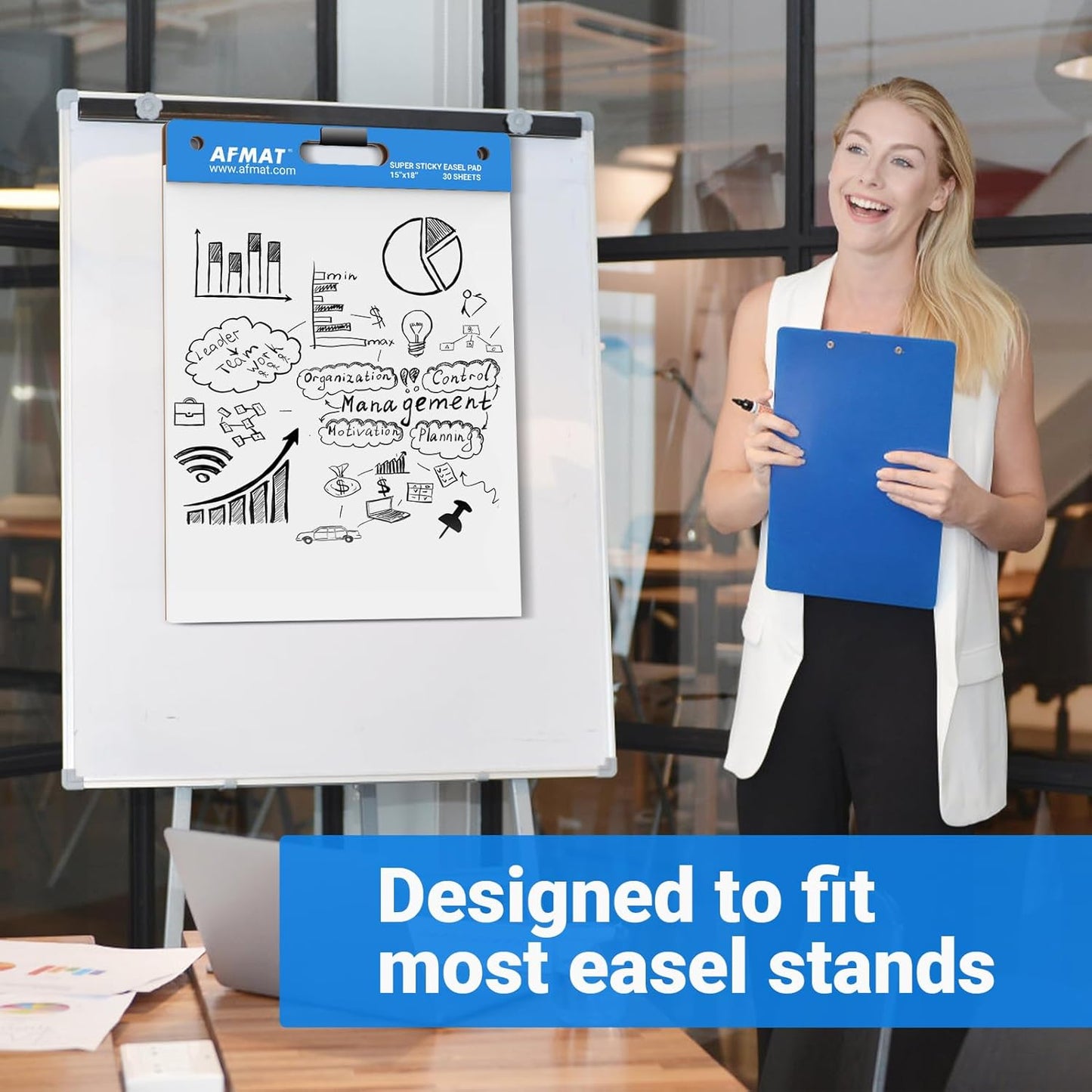 AFMAT Sticky Mini Easel Pads, 15 in x 18 in Flip Chart Paper for Teachers, Super Sticky & Bleed-Resistant, Self-Stick Easel Paper for Office/Classroom/Whiteboard/Wall/Windows, 30 Sheets/Pad, 5 Pads,Model:AFEP15BL
