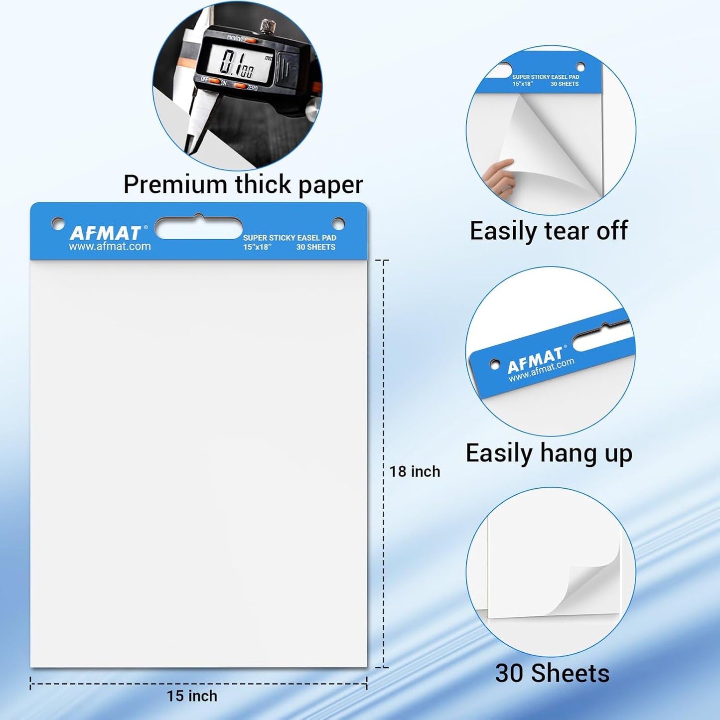 AFMAT Sticky Mini Easel Pads, 15 in x 18 in Flip Chart Paper for Teachers, Super Sticky & Bleed-Resistant, Self-Stick Easel Paper for Office/Classroom/Whiteboard/Wall/Windows, 30 Sheets/Pad, 5 Pads,Model:AFEP15BL