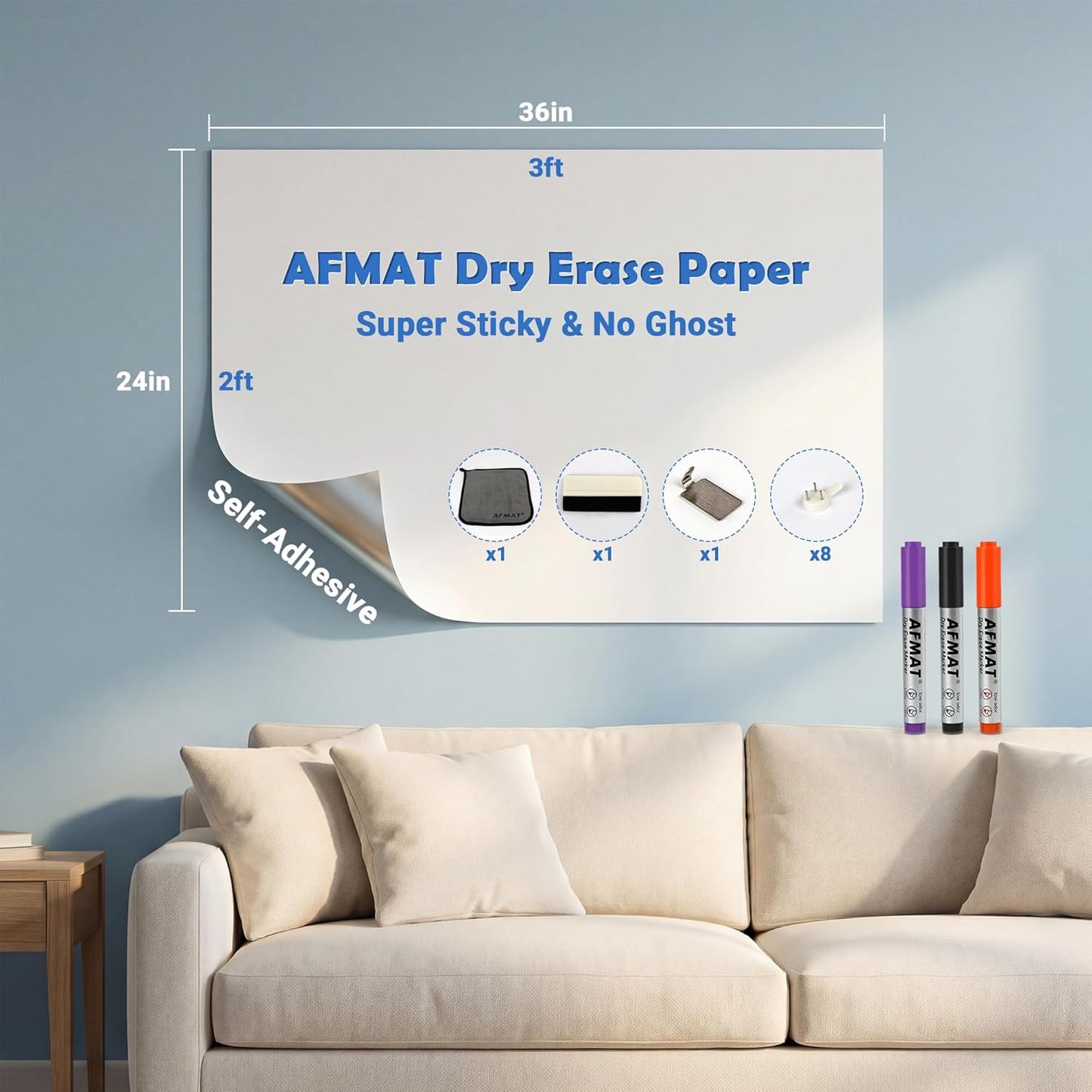 AFMAT White Board Dry Erase Paper, 36" x 24" Whiteboard Wallpaper, with 3 Markers, Stain-Proof & Super Sticky, No Ghost After 60 Days, Peel and Stick Dry Erase Board Paper Roll for Wall/Home/Office,WS12B
