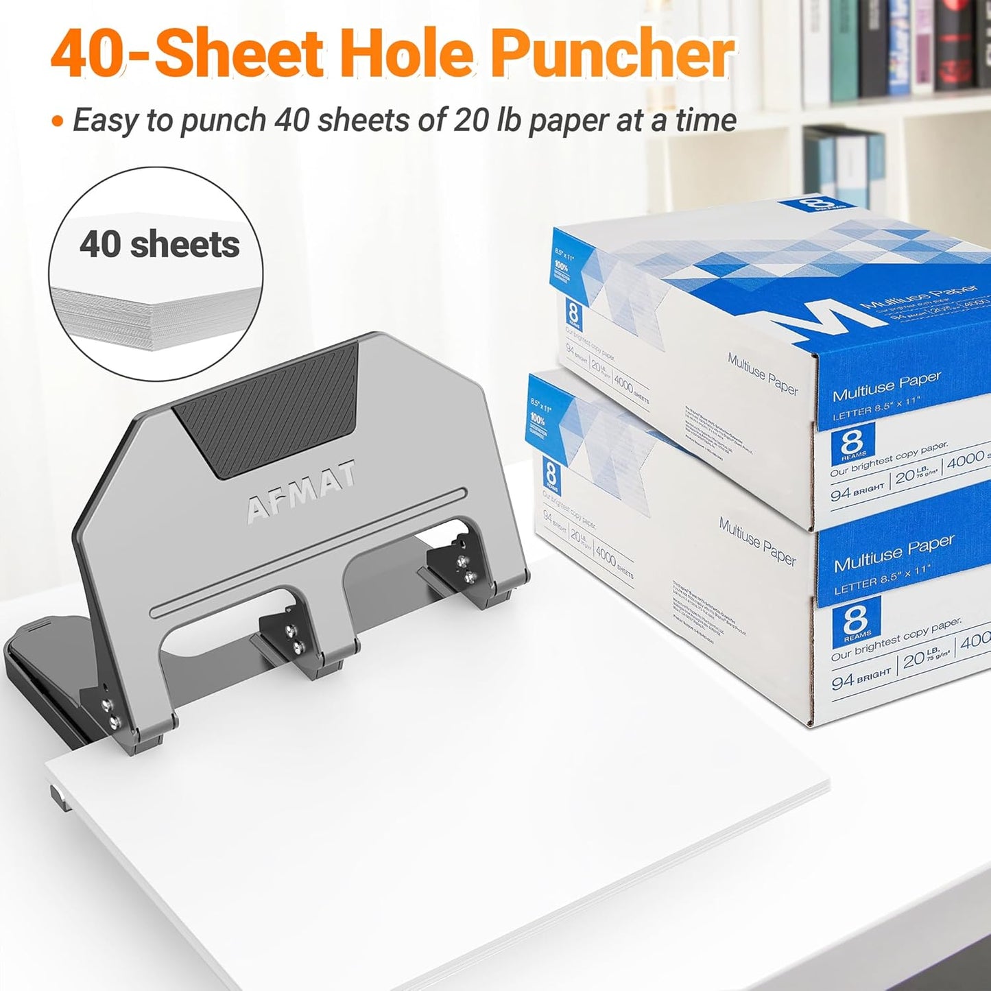 AFMAT HPX3 3 Hole Punch Heavy Duty, 40-Sheet 3 Hole Puncher for Binder, Metal Three Hole Punch w/ 10000+ Punching Times,Blue