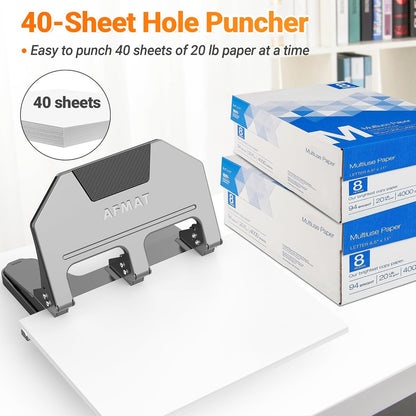 AFMAT HPX3 3 Hole Punch Heavy Duty, 40-Sheet 3 Hole Puncher for Binder, Metal Three Hole Punch w/ 10000+ Punching Times,Blue