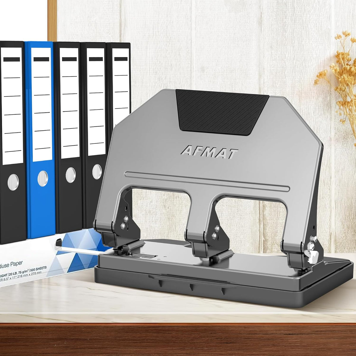 AFMAT 3-Loch-Locher, robust, 40-Blatt-3-Loch-Locher für Ordner, Metall-Dreilocher mit über 10.000 Stanzvorgängen, Modell: HPX3 (Schwarz)