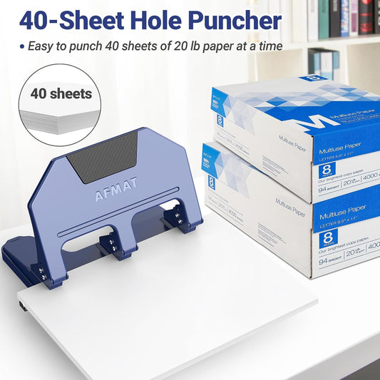 AFMAT HPX3 3 Hole Punch Heavy Duty, 40-Sheet 3 Hole Puncher for Binder, Metal Three Hole Punch w/ 10000+ Punching Times,Blue