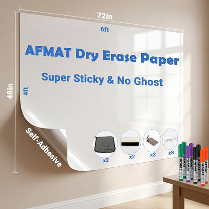 AFMAT White Board Dry Erase Paper, 72" x 48" Large Whiteboard Wallpaper, with 8 Markers, Stain-Proof & Super Sticky, No Ghost, 6' x 4' Peel and Stick Dry Erase Board Paper Roll for Wall/Home/Office,WS46B