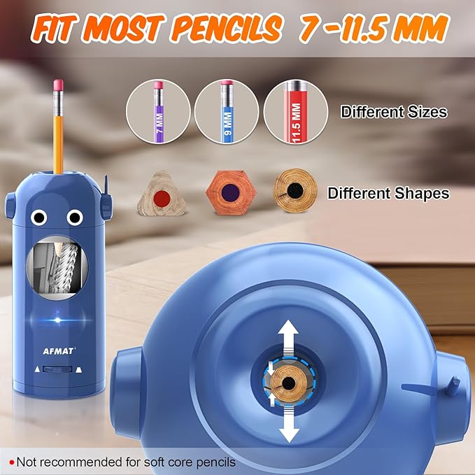 🎁Best Gift Everyone Loves🎁 AFMAT Fully Automatic Robot Rechargeable Electric Pencil Sharpener for 7-11.5mm Colored/Jumbo Pencils,PSX5BLRB