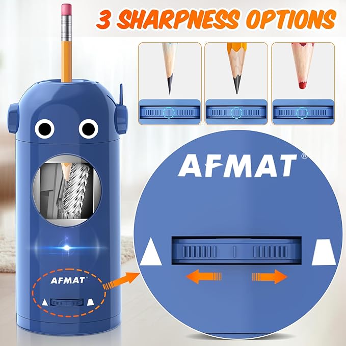 🎁Best Gift Everyone Loves🎁 AFMAT Fully Automatic Robot Rechargeable Electric Pencil Sharpener for 7-11.5mm Colored/Jumbo Pencils,PSX5BLRB