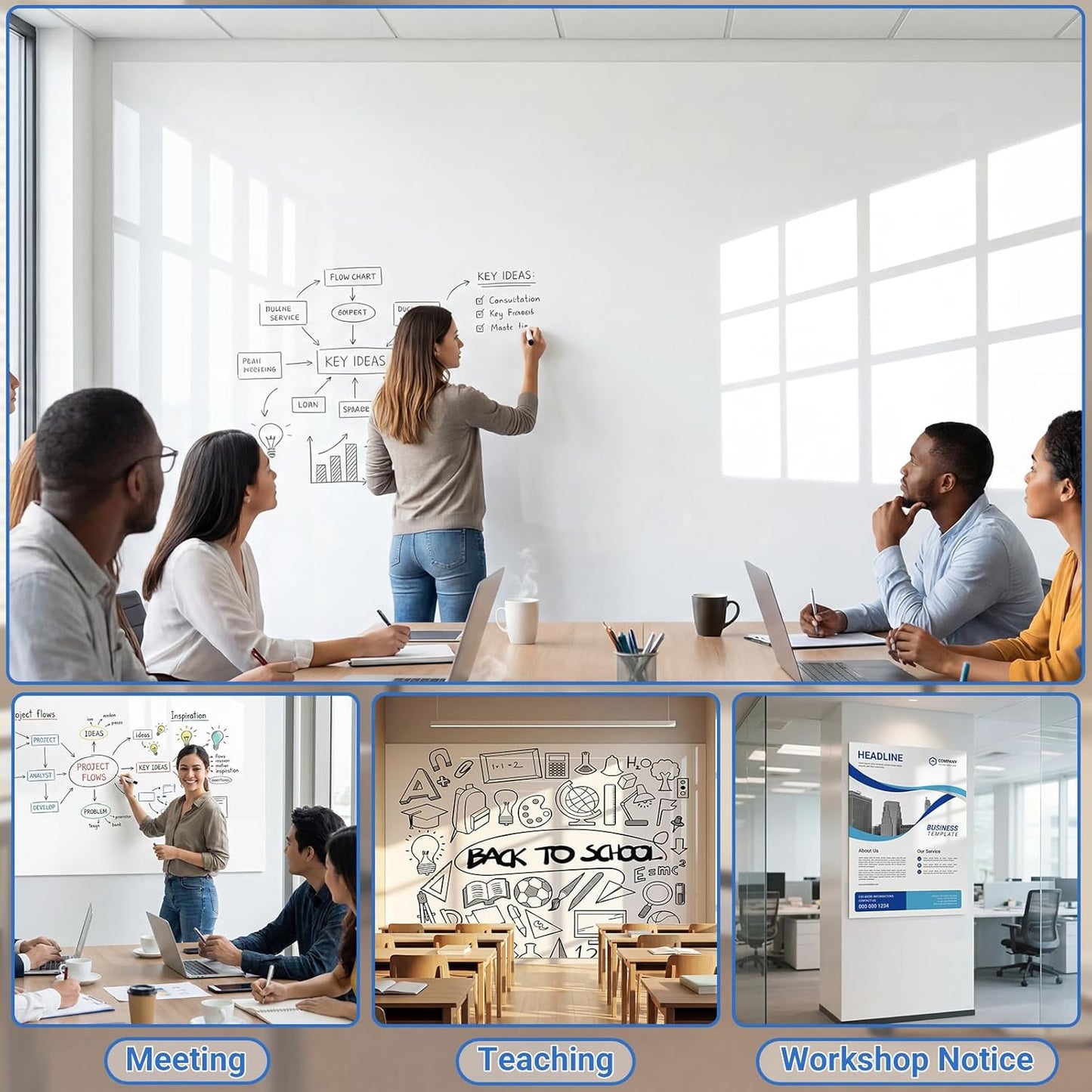 AFMAT White Board Dry Erase Paper, 72" x 48" Large Whiteboard Wallpaper, with 8 Markers, Stain-Proof & Super Sticky, No Ghost, 6' x 4' Peel and Stick Dry Erase Board Paper Roll for Wall/Home/Office,WS46B