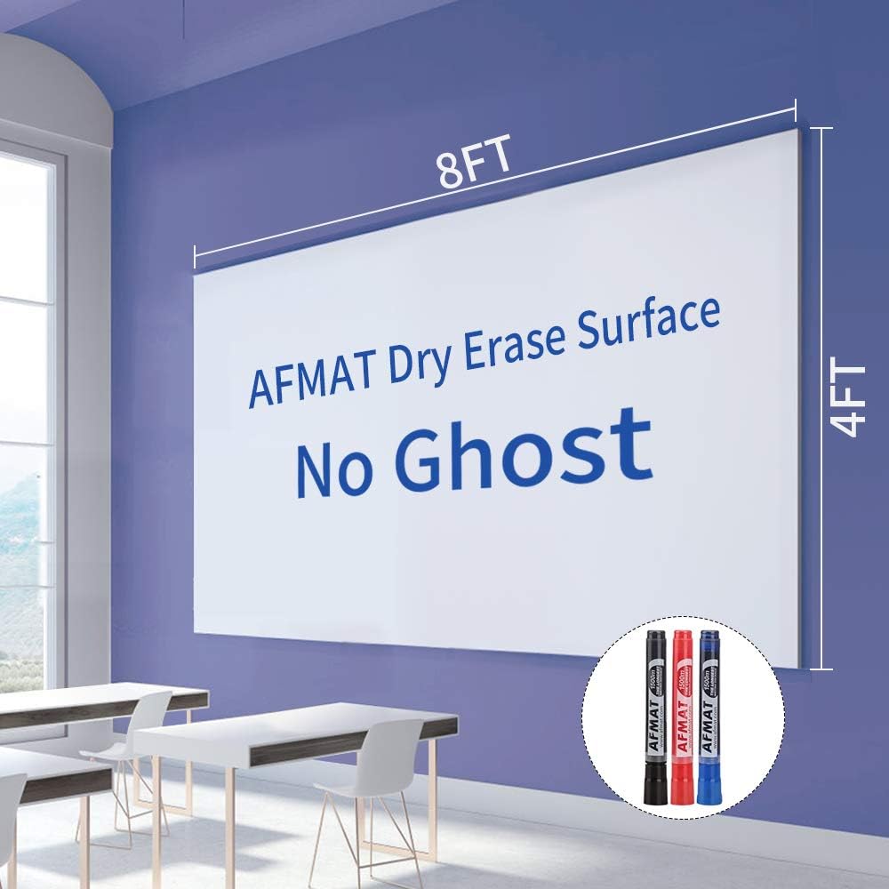 AFMAT D49 White Board Paper, 8x4 ft Dry Erase White Board Sticker, Peel and Stick Whiteboard, Dry Erase Paper Roll with Adhesive Backing, Extra Large, Super Sticky, No Ghost, 3 Markers