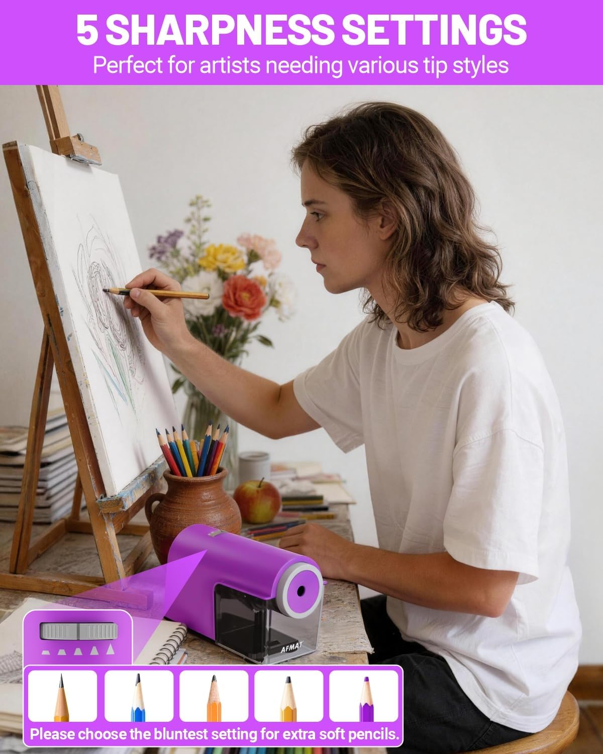 ✅Newest Model With Best Features✅Newly Upgraded Fully Automatic Electric Pencil Sharpener for 6.5-10.5mm No.2/Jumbo/Colored Pencils,3X Longer Cutter Life, PSC5PR