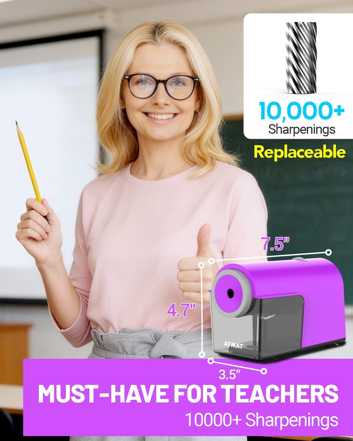 ✅Newest Model With Best Features✅Newly Upgraded Fully Automatic Electric Pencil Sharpener for 6.5-10.5mm No.2/Jumbo/Colored Pencils,3X Longer Cutter Life, PSC5PR