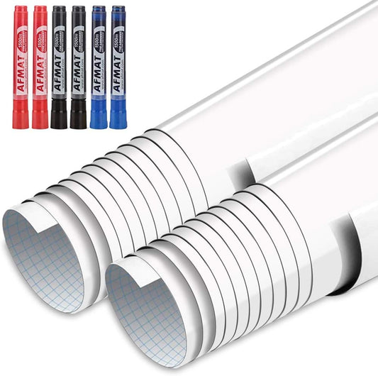 AFMAT WS002 Whiteboard Sticker, 11ft Dry Erase Wallpaper, Peel and Stick Whiteboard Contact Paper for Wall, 132'' x 17.3'' White Board Stick on Wall, Dry Erase Board Roll Adhesive, 6 Markers, 2 Rolls