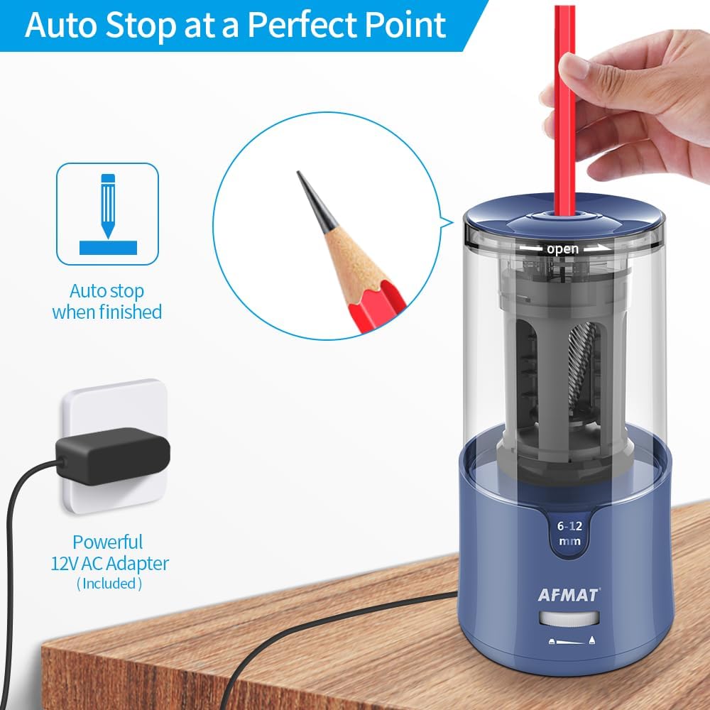 AFMAT PSA7 Electric Auto Stop Long Point Pencil Sharpener for Artist,8-17mm Super Long Point, for φ6-12mm Charcoal Drawing Sketching Colored Pencils