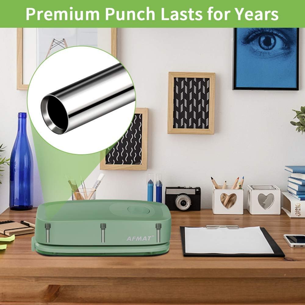 AFMAT HP10 3 Hole Punch, AFMAT Electric Three Hole Punch Heavy Duty, 20-Sheet Punch Capacity,Green