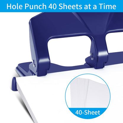 AFMAT HP14 3 Hole Punch Heavy Duty, 40-Sheet Three Hole Punch, 50% Reduced Effort Metal Paper Puncher w/Large Chip Tray,Blue