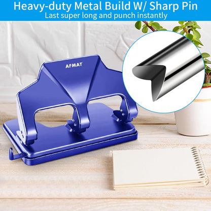 AFMAT HP14 3 Hole Punch Heavy Duty, 40-Sheet Three Hole Punch, 50% Reduced Effort Metal Paper Puncher w/Large Chip Tray,Blue