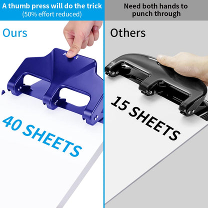 AFMAT HP14 3 Hole Punch Heavy Duty, 40-Sheet Three Hole Punch, 50% Reduced Effort Metal Paper Puncher w/Large Chip Tray,Blue