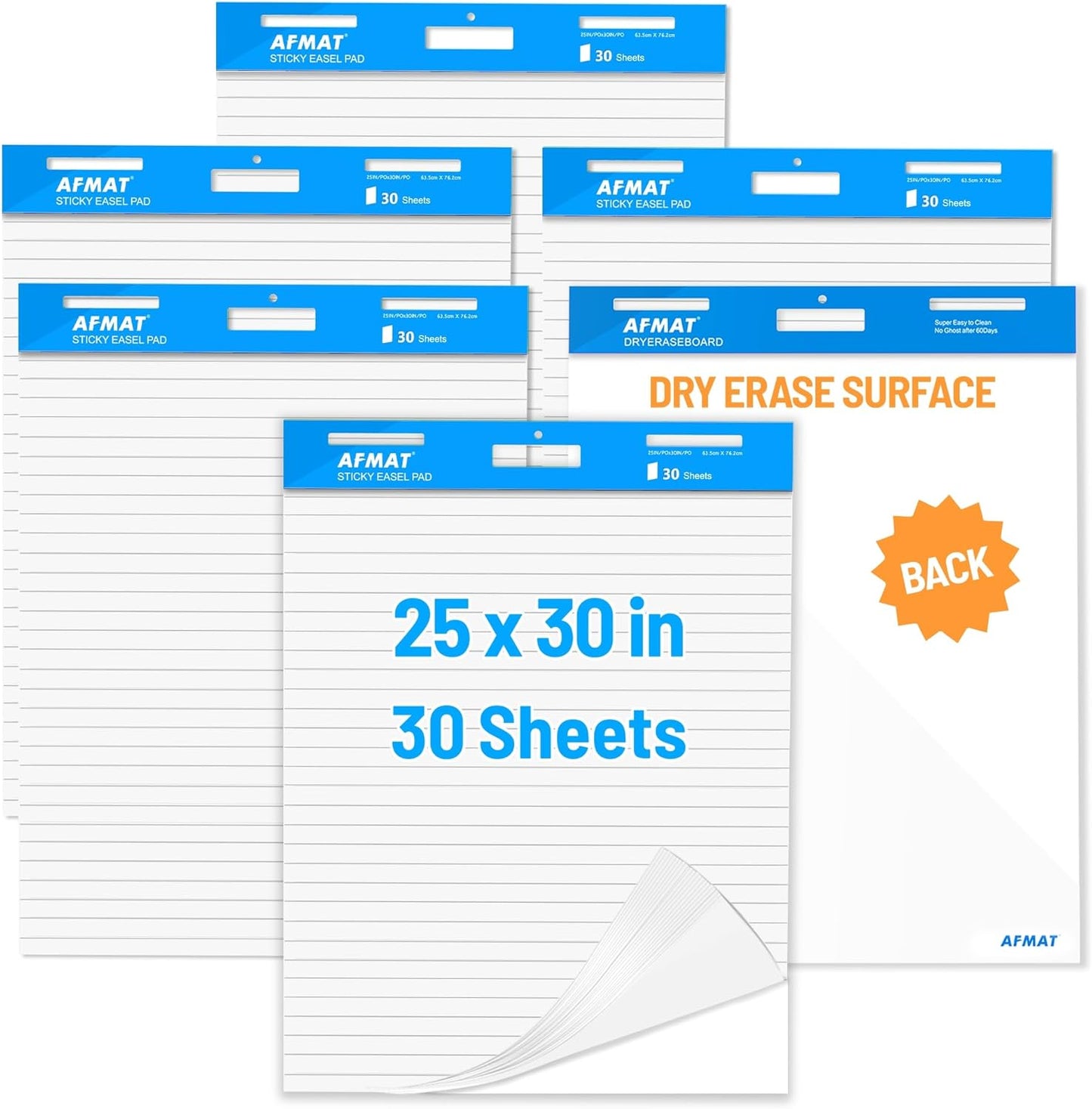 AFMAT YY15 Sticky Easel Pad, 6-Pad Lined Chart Paper, 25 x 30 inches, 30 Sheets/Pad