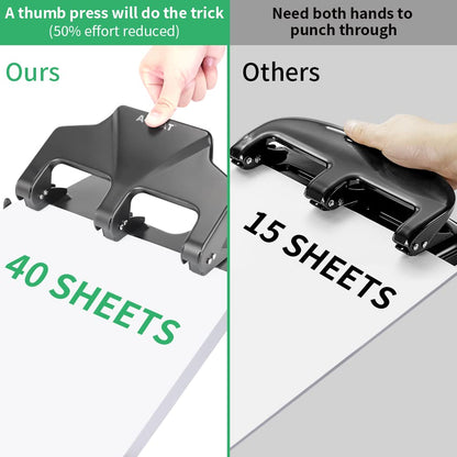 AFMAT HP14 3 Hole Punch Heavy Duty, 40-Sheet Three Hole Punch, 50% Reduced Effort Metal Paper Puncher w/Large Chip Tray,Blue