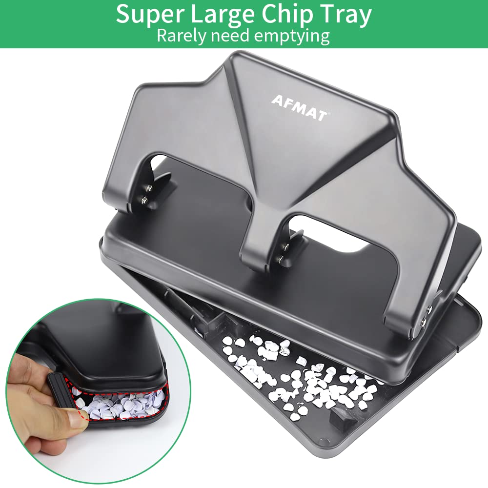 AFMAT 3-Loch-Stanzer, robust, 40-Blatt-Dreilocher, 50 % weniger Kraftaufwand, Metall-Papierstanzer mit großem Chipfach, Modell: HP14 (Schwarz)