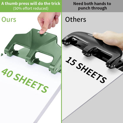 AFMAT HP14 3 Hole Punch Heavy Duty, 40-Sheet Three Hole Punch, 50% Reduced Effort Metal Paper Puncher w/Large Chip Tray,Blue