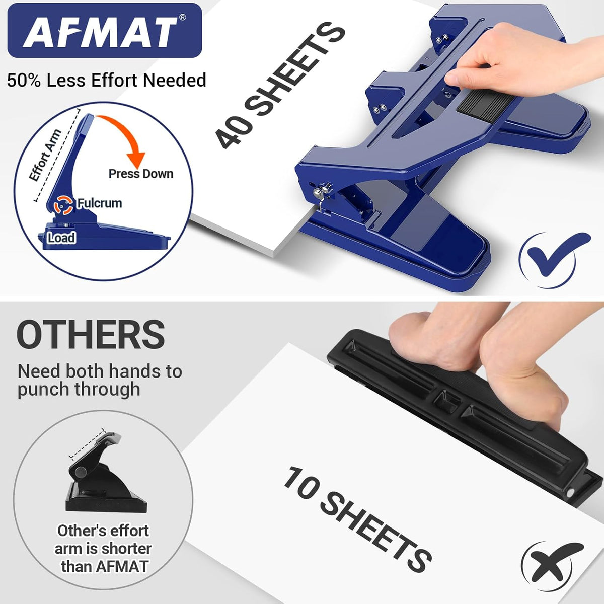 AFMAT HPX2 3 Hole Puncher Heavy Duty, 40-Sheet Heavy Duty Three Hole Punch, 50% Reduced Effort Paper Punch, 10000+ Punching Times,Black