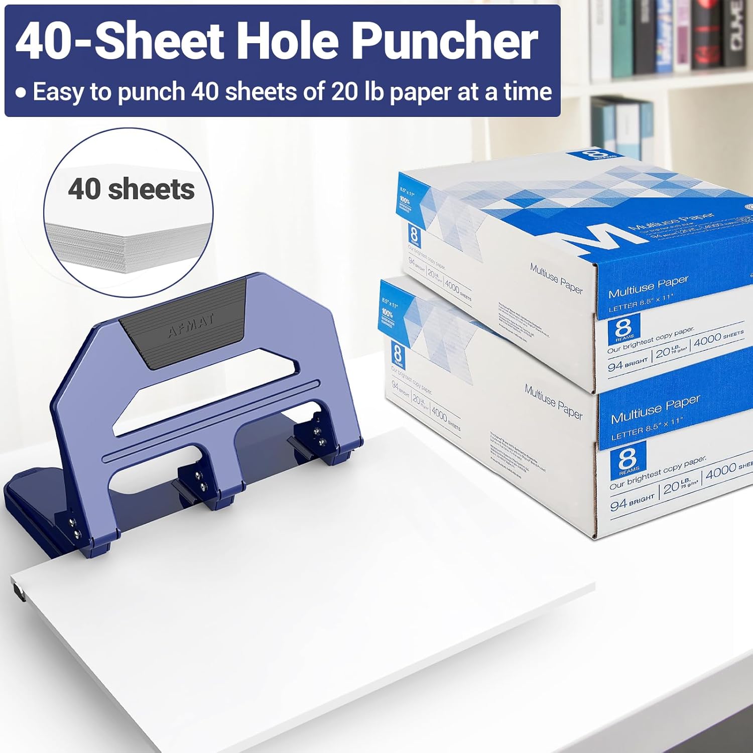 AFMAT HPX2 3 Hole Puncher Heavy Duty, 40-Sheet Heavy Duty Three Hole Punch, 50% Reduced Effort Paper Punch, 10000+ Punching Times,Black