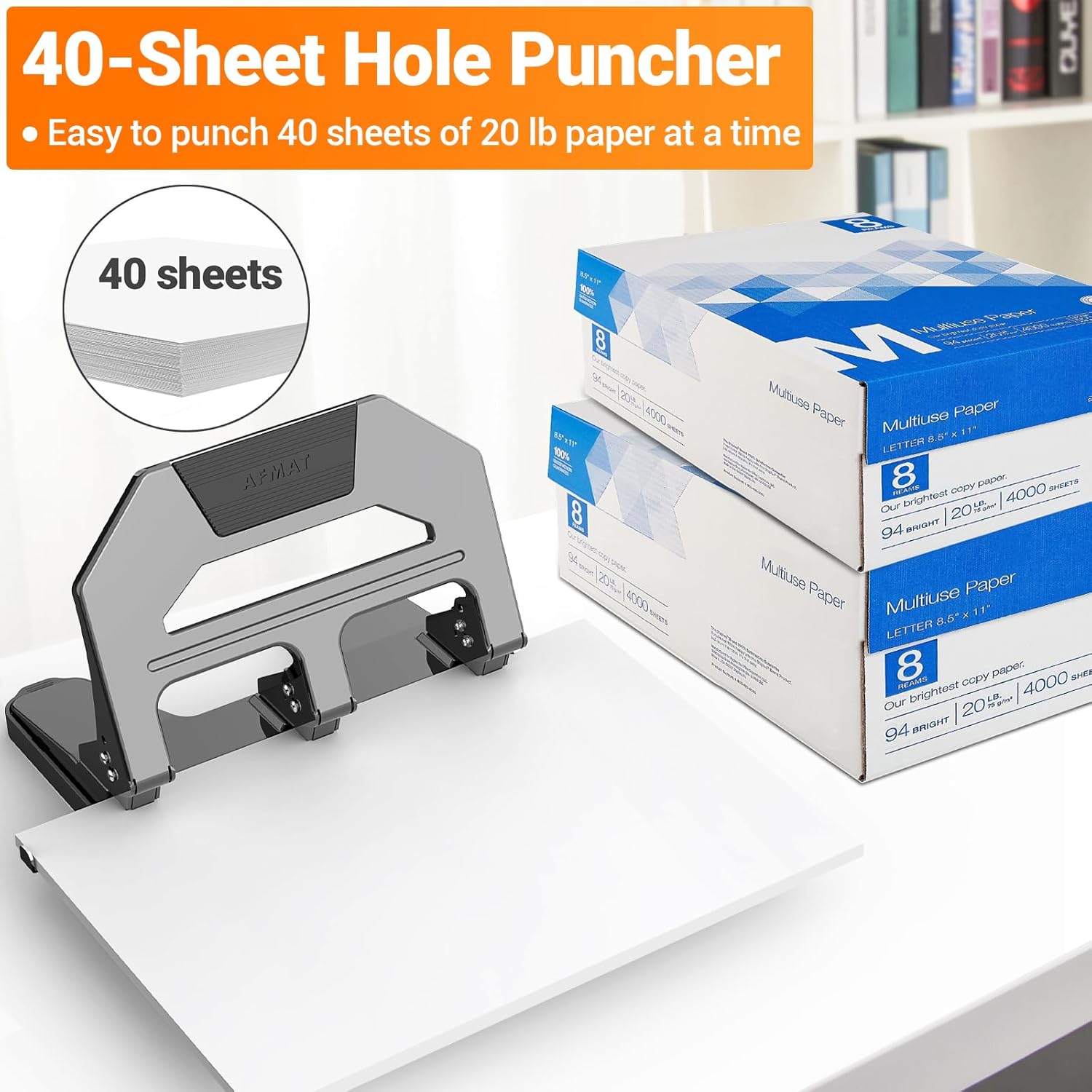 AFMAT HPX2 3 Hole Puncher Heavy Duty, 40-Sheet Heavy Duty Three Hole Punch, 50% Reduced Effort Paper Punch, 10000+ Punching Times,Black