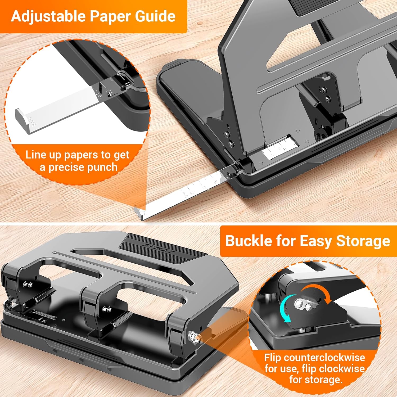 AFMAT HPX2 3 Hole Puncher Heavy Duty, 40-Sheet Heavy Duty Three Hole Punch, 50% Reduced Effort Paper Punch, 10000+ Punching Times,Black