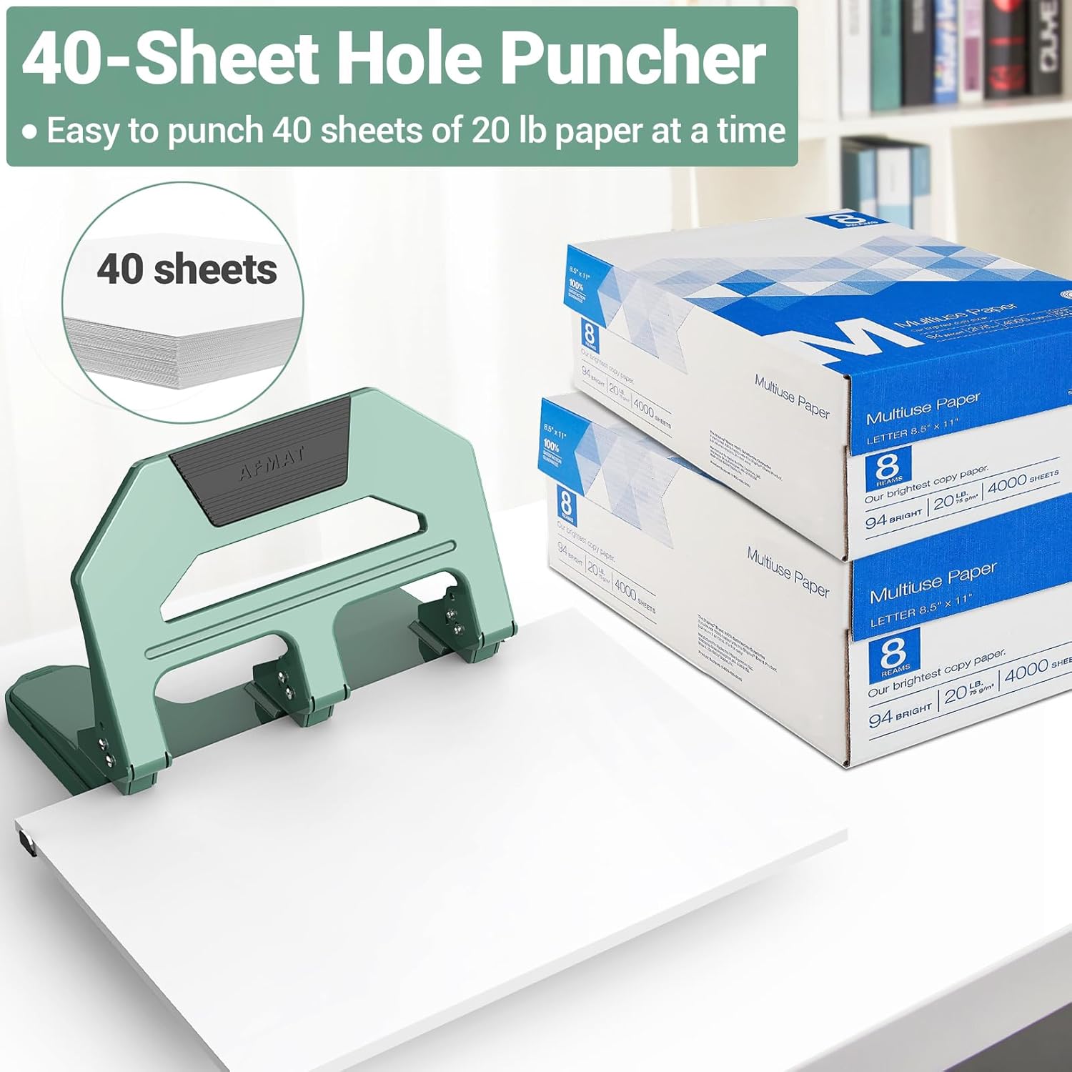 AFMAT HPX2 3 Hole Puncher Heavy Duty, 40-Sheet Heavy Duty Three Hole Punch, 50% Reduced Effort Paper Punch, 10000+ Punching Times,Black